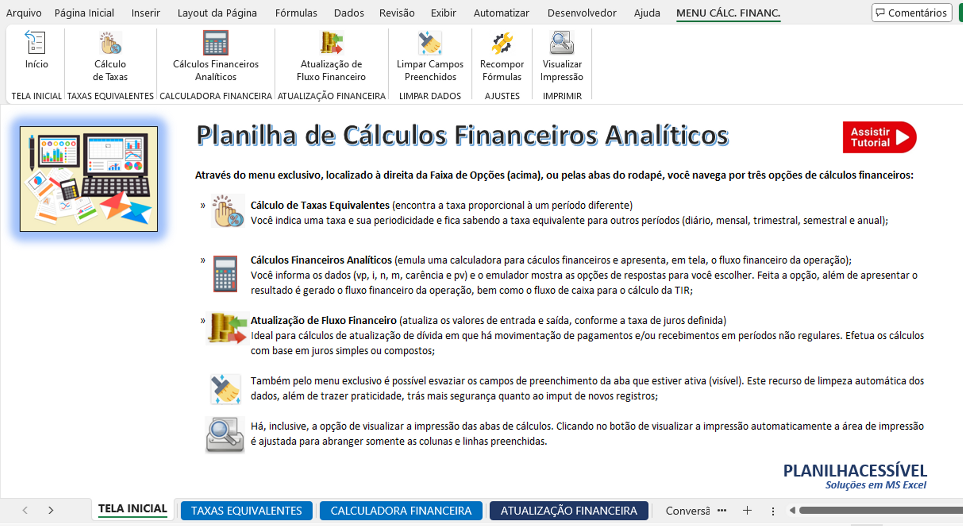 Captura de tela de Planilha Analítica de Cálculos Financeiros 