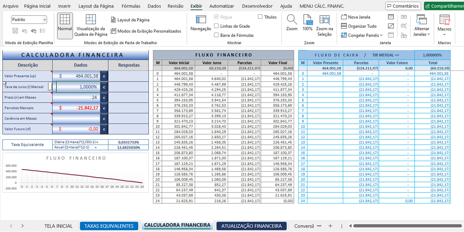 Captura de tela de Planilha Analítica de Cálculos Financeiros 