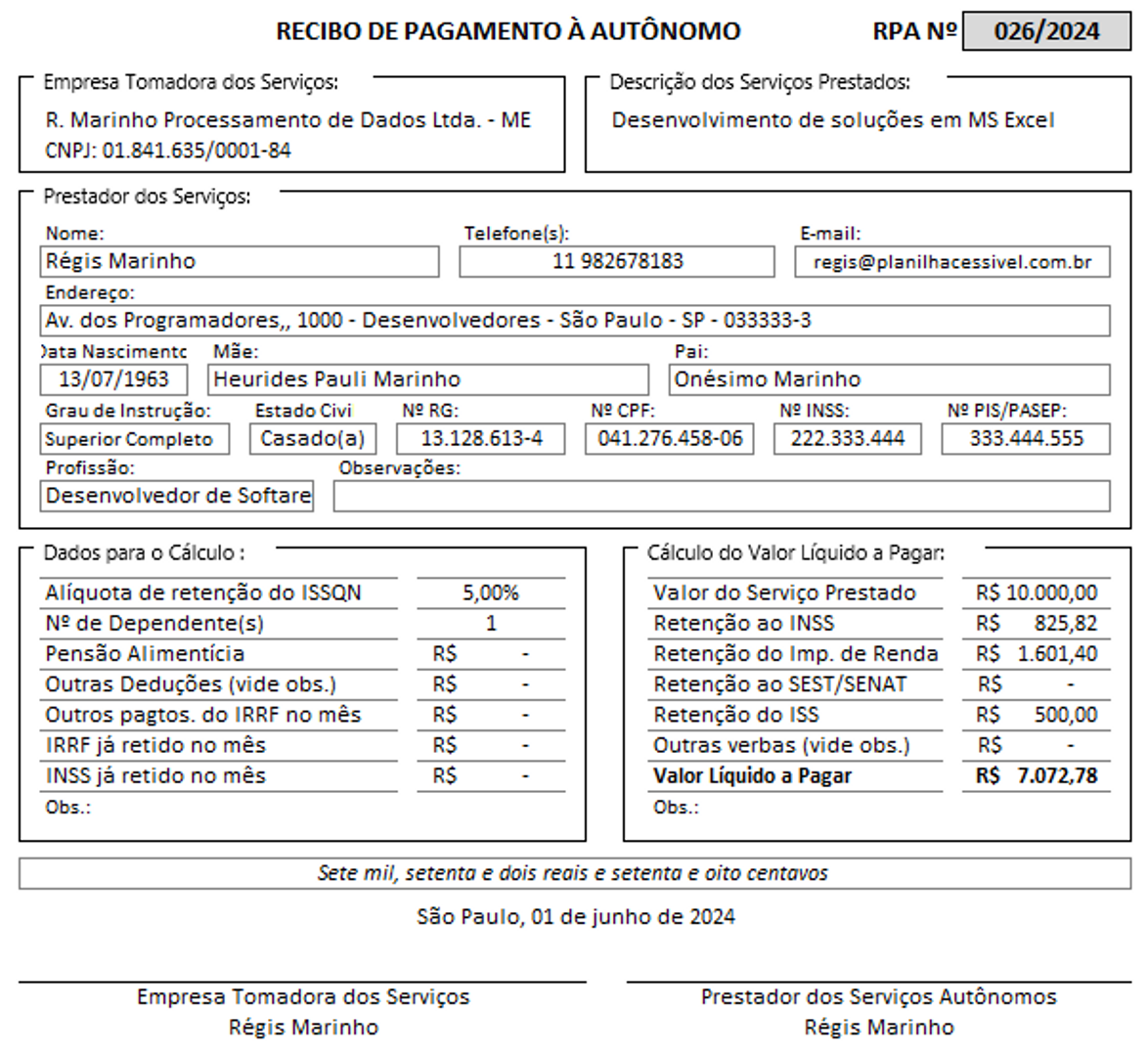 Captura de tela de Planilha de Recibo de Pagamento a Autônomo -  RPA/TAC